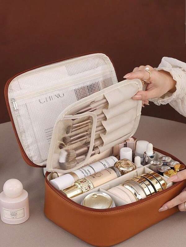 1 bolsa de cosméticos multifuncional, bolsa organizadora de maquiagem à prova d'água, bolsa de higiene portátil para cuidados com a pele, maquiagem, pincéis, pó, batom, adequada para praia, escola, banheiro, feriados, dia dos namorados, Natal, dia das mães, presentes para mãe, família, amigos, itens essenciais de verão