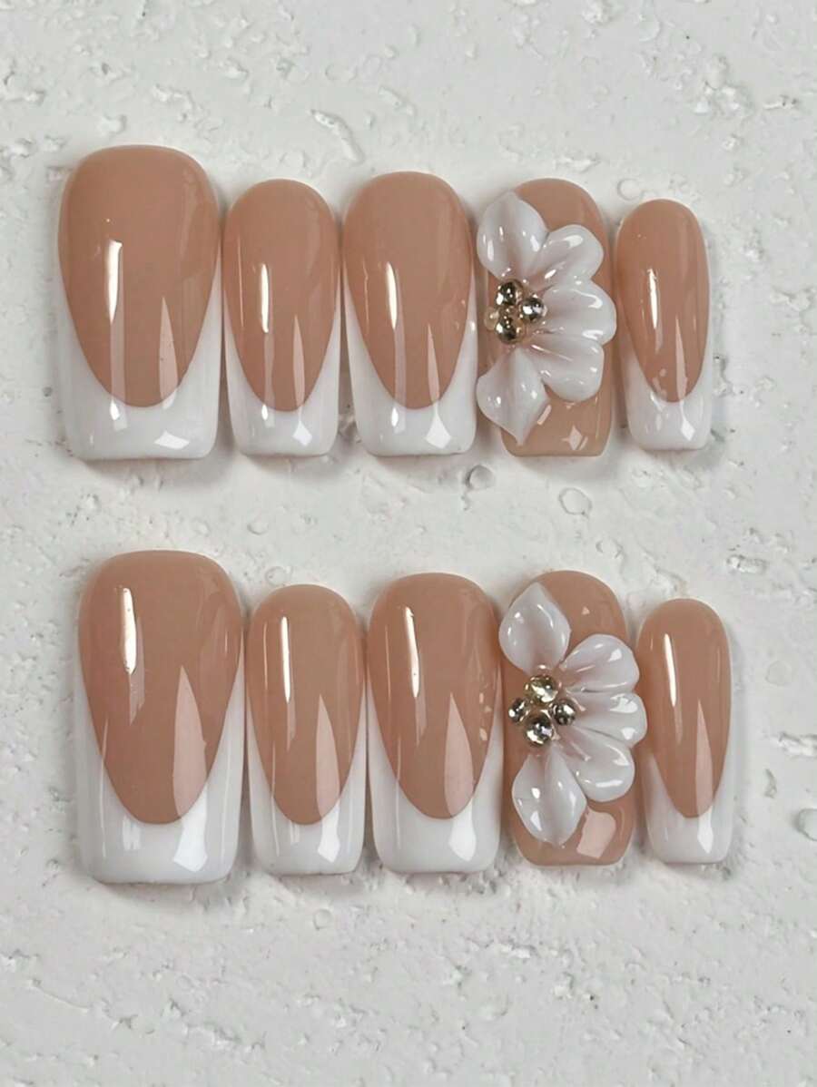 10Pcs/Set Hand Crafted Nail Stickers For Women, Premium Minimalist Daily Full Coverage Nail Wraps, Reusable French 3D Carved Manicure, Gentle Nude Base With Sparkling Diamonds, Cute Carved Floral Decor, French Square Medium Length, High Gloss Elegant Holiday Vibe Press On Nails Nail Supplies Nails