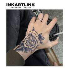 INKARTLINK 非永久性纹身技术，大型玫瑰花纹身贴纸设计，逼真的临时假纹身，手背半永久性纹身贴纸，防水防汗，持续1-2周，男士身体贴纸 - 黑色 - 查看 3