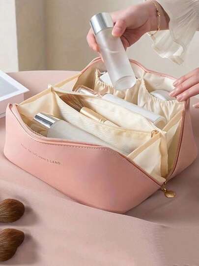 1 peça de bolsa de maquiagem elegante de grande capacidade para mulheres, estojo portátil para armazenamento de cosméticos com alça para viagem