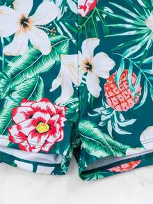 Women's Summer Tropical Plant Print Bikini Swimsuit Set With Matching Square Shorts And Half Sleeve Cover-Up Kimono,Women's Tropical Plant Print Swimwear Set - 藍色 - 查看 8