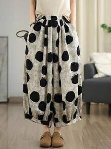 Women's Polka Dot Print Elastic Waist Pockets Tapered Casual Jogger Pants - Black and White - View 3