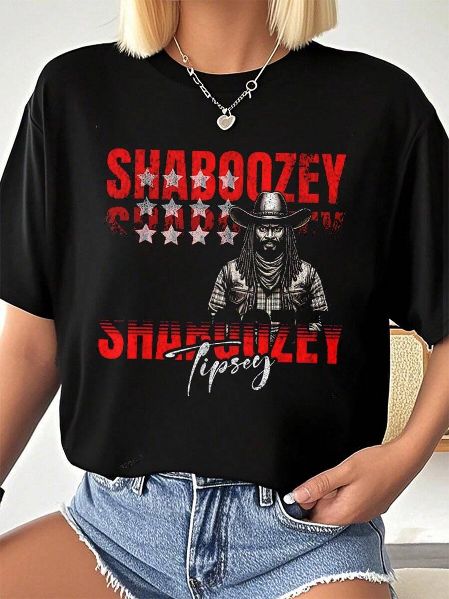 Shaboozey Tipsey Western Cowboy Design For  And Women T-Shirt-Y2K Summer Tops T-Shirts Women. Club Outfits Women Sexy. Summer Dress. Cheetah Print T-Shirtsummer Tops T-Shirt For Women - màu đen - Xem 1
