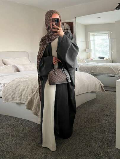 1 件女士经典纯色前开式长袍，宽松亚麻舒适开衫长袍，阿拉伯迪拜朴素服装，适合日常穿着和节日