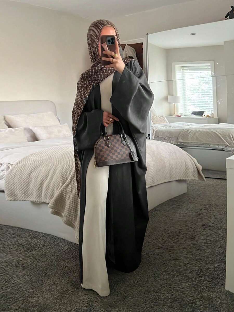 1pc Women Classic Solid Color Open Front Robe, Loose Fit Linen Comfortable Cardigan Long Robe, Arabic Dubai Modest Wear Fall - Dark Grey - View 1