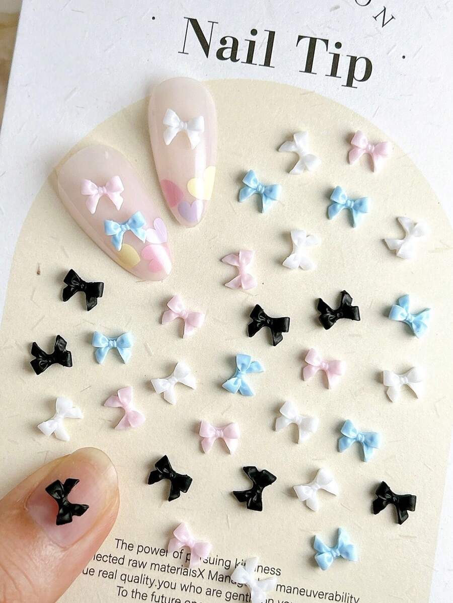 30Pcs Random Mixed Abs French-Style Bowknot,3D Bowknot Nail Charms,Simple Nail Art Accessories Diy Nail Supplies Nails Nail Gems