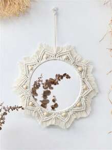 1pc BOHO Style Handmade Woven Tassel Wood Bead Lace Round Mirror,Acrylic Lens,Lace Hanging Wall Mirror,Suitable For Various Festivals,Decorate Living Rooms And Bedrooms With Hanging Decorations And Ornaments,Give Souvenirs To Friends,Family And Other Companions, Boho Fringe Round Handmade Decorative Acrylic Mirror For Apartment Living Room Bedroom Baby Nursery Home Decor,Home Decor ,Room Decor,Wall Decor Back To School