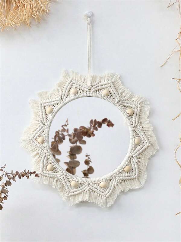 1pc BOHO Style Handmade Woven Tassel Wood Bead Lace Round Mirror,Acrylic Lens,Lace Hanging Wall Mirror,Suitable For Various Festivals,Decorate Living Rooms And Bedrooms With Hanging Decorations And Ornaments,Give Souvenirs To Friends,Family And Other Companions, Boho Fringe Round Handmade Decorative Acrylic Mirror For Apartment Living Room Bedroom Baby Nursery Home Decor,Home Decor ,Room Decor,Wall Decor Back To School