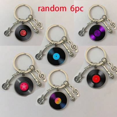 Set de 6 llaveros de notas musicales, guitarra, y gramófono de estilo artístico y musical de forma aleatoria, llaveros creativos en miniatura con elementos de gramófono y tocadiscos, ideales como regalos y recuerdos de fiesta