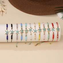 12pcs Ocean Beach Elements Starfish & Turquoise Beads Shells Braided Bracelets
