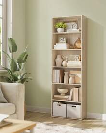 VASAGLE Bibliothèque, Étagère sur 6 Niveaux, Meuble de Rangement Ouvert, Étagère, 24 x 60 x 178,5 cm, pour Salon, Bureau, Salle à Manger, Beige Naturel - Blanc - Voir 1