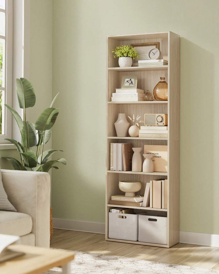 VASAGLE Bibliothèque, Étagère sur 6 Niveaux, Meuble de Rangement Ouvert, Étagère, 24 x 60 x 178,5 cm, pour Salon, Bureau, Salle à Manger, Beige Naturel - Blanc - Voir 1