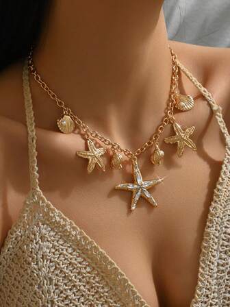 1 件优雅时尚的女士波西米亚风格珠宝项链，带有各种海洋元素 - 金海星、彩色人造贝壳、贝壳、金鱼吊坠、海马、红龙虾、美人鱼、螃蟹、竹珠、仿玉珠，适合所有季节