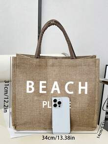 Túi tote vải lanh dung tích lớn với họa tiết chữ "Beach" (bãi biển), túi mua sắm cỡ lớn tiện dụng, túi xách tay quai vải lanh, túi đựng đồ đa năng, túi quà tặng cá nhân hóa, thích hợp cho du lịch, mua sắm, kỳ nghỉ, tựu trường, tiệc tùng, và là món quà lý tưởng cho Ngày của Mẹ, sinh nhật, Ngày Nhà giáo, kỷ niệm, ngày lễ và các bữa tiệc. - Màu Khaki - Xem 4