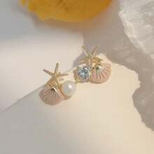 1 Pair Asymmetrical Bicolor Pearl C Hoop Earrings, Vintage Minimalist Fashionable Earrings