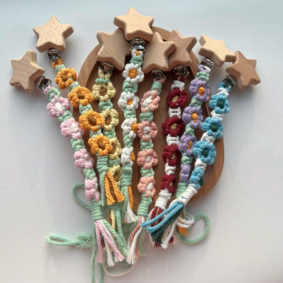 1 Peça Mordedor de Flor de Crochê Feito à Mão com Clipe de Chupeta e Suporte de Madeira com Estrela e Coração para Bebês Meninos e Meninas