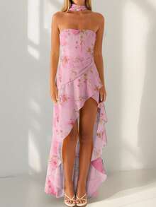 Women Cute Floral Print Cami Tank Midi Ruffle Dress With Scarf Y2k Asymmetrical Mesh Backless Flowy Long Dresses - 粉色 - 查看 5