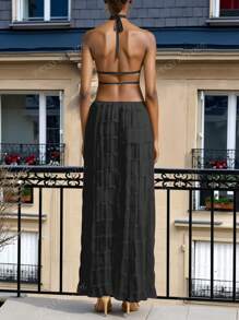 Conjunto de vestido maxi con volantes de gasa de color albaricoque, con encaje y espalda descubierta - Elegante conjunto romántico de 2 piezas