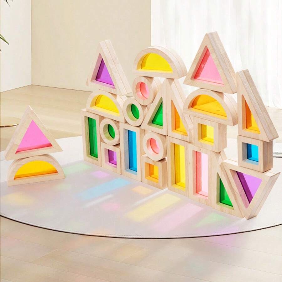 Wooden Rainbow Colored Shadow Building Blocks For Children, Acrylic Colorful Window Transparent Shape Recognition Sorting Building Blocks Toys, Creative Assembly, Parent-Child Interactive Game Toys, Logic Thinking Training Game Toys