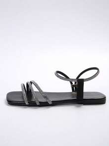 女士精美水钻装饰平底拖鞋，时尚百搭凉鞋，适合约会、街头、派对、通勤、度假、居家休闲、春夏穿搭 - 黑色 - 查看 5