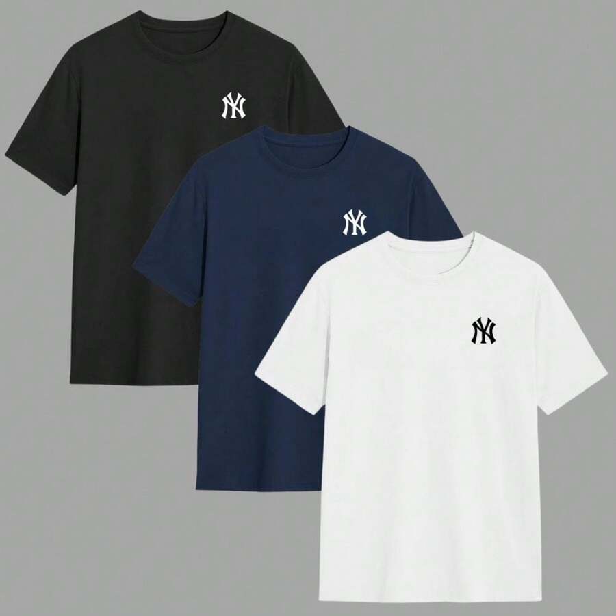 Kit Of 3 Men's Round Neck T-Shirts, 30.1 Yarn Shirt, 100% Cotton, Comfortable, Immediate Shipping - 藏蓝色 - 查看 1