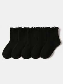 5 Pairs Kids Ruffle Edge Sports Socks, Simple Classic Fashion , Skin-Friendly Comfortable Soft Breathable Casual Mid-Calf Socks, Suitable For Daily Life, Holidays, Back To School, Princess Dress Matching - Black - View 18