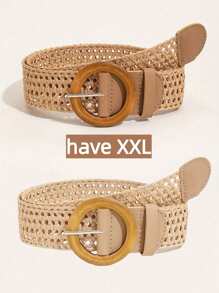 1pc/2pcs Plus Size Bohemian Round Wooden Buckle Hollow Out Straw Waist Belt, Suitable For Dresses, Beach Vacation, Party