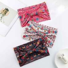 1 Stück Bohemian Stil Frauen Blumen-Muster verdrehtes elastisches Stirnband, breites dehnbares rutschfestes Haartuch für Damen Yoga Make-up Workout, für alle Jahreszeiten, Polyester Faser Turban Stirnband
