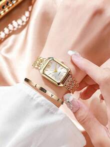 2pcs/Set Elegant Women's Gold Watch, Stainless Steel Strap, Square Dial Quartz Watch, Suitable For Exams | Mother's Day Gift | Anniversary Gift | Birthday Gift | Holiday Gift