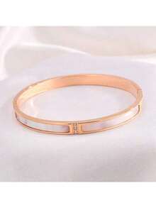 1pc Stainless Steel Non-Fading Fashionable, Minimalist, Luxury, Niche Design, INS Style, Sweet & Elegant Rhinestone White Seashell Bracelet For Women, Daily Wear Or Gift For Girlfriend/Friend