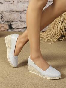 Zapatos de cuña de moda 2025, versátiles de punta redonda, estilo europeo y americano, zapatos de lino de tacón alto para mujer, cómodos y casuales para vacaciones, adecuados para todas las estaciones - Plateado - Ver 4