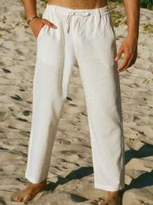 Men's Solid Color Linen Tie Casual Straight Trousers With Pockets