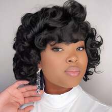 Natural Black 10 Inch Egg Wave Human Hair Wig For Women Short Loose Curly Bob 200% Density Curl Pixie Cut Versatile Styling Voluminous Hairstyle - Natural Black - Xem 1
