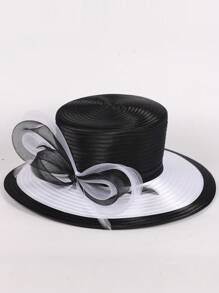HIMESPORT Sombreros de boda para mujer verano 2025 - Bombín vintage con ribete de cinta de encaje, sombrero de cúpula elegante de ala ancha para el té, la iglesia y los accesorios nupciales, diseño de copa plana ajustable negro/blanco