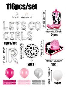 kumozawa 116 件西部迪斯科派对花卉拱门气球装饰套装，包含银色字母横幅、亮粉色、酒红色、银色气球、粉色西部靴子、银色流苏窗帘，适合西部主题单身派对、纳什维尔单身派对用品 - 彩色 - 查看 3