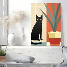 1Pc Framed Wall Art Black Cat, Indoor Plants, Modern Minimalist Style Canvas Poster Paintings Ideal Gift For Living Room Bedroom Corridor Wall Decor Room Decoration Ready To Hang - Multicolor - View 2