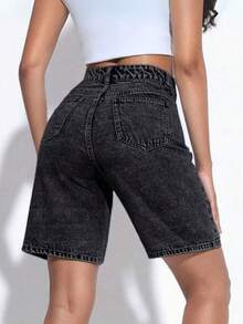 Women's Black Straight-Leg Bermuda Jeans - Casual And Versatile Style - 黑色 - 查看 5