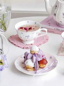 1 套紫色 Ditsy Floral Rabbit 陶瓷茶壶、杯碟餐具套装，法式别致 Ditsy Floral Rabbit 咖啡壶、杯碟餐具套装，适用于餐厅、客厅、咖啡厅返校