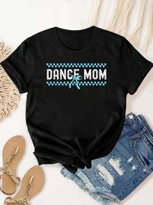100% Cotton Dance Mom Coquette Bow Checkered Dance Mama Mother Day T-Shirt Summer T-Shirt For Women - 黑色 - 查看 1