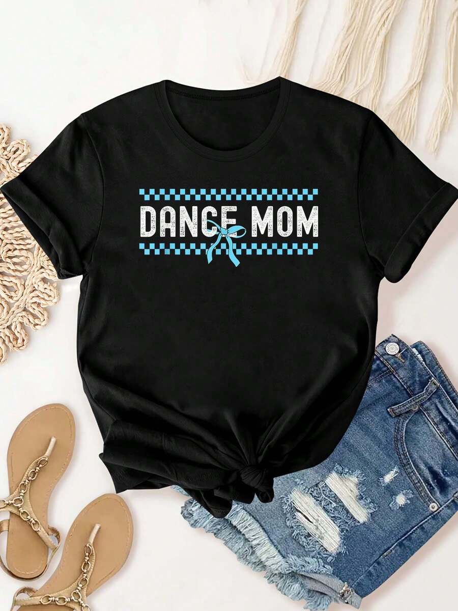 100% Cotton Dance Mom Coquette Bow Checkered Dance Mama Mother Day T-Shirt Summer T-Shirt For Women - 黑色 - 查看 1
