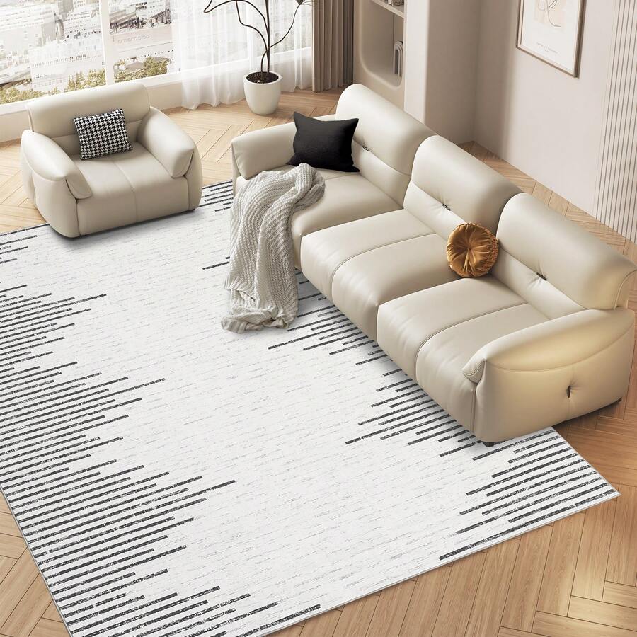 Modern Geometric Carpet Washable Area Rug Low Pile Soft Carpet Striped Carpet Large Size Indoor Carpet Stain Resistant Non-Slip For Living Room Bedroom Dining Room Office Apartment - Màu be - Xem 1