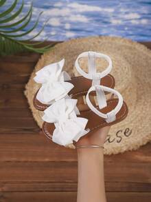 1 Pair Fashion Bow-Decorated Girls Flat Sandals, Suitable For 3-15 Years Old Children For Outdoor, Travel, Beach Activities - White - View 7