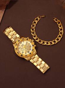 Set de 4 relojes de pareja versátiles y de moda para hombres y mujeres, relojes de cuarzo con correa de acero casual, combinado con set de joyería de pulsera, set de regalo de pareja, adecuado para uso diario, vacaciones, bodas y como regalo