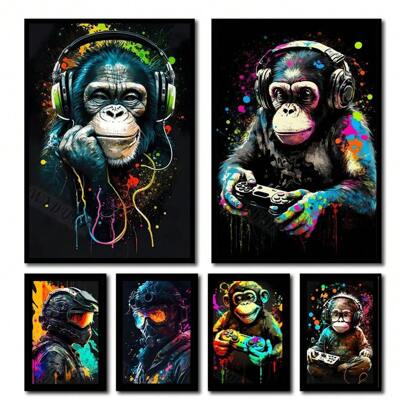 1pc /3pcsWall Arts Posters Optional Frame 80s Retro Funny Monkey Player Gamepad Picture For Gaming Room Living Canvas Painting Print Wall Art Home Decor Aesthetics Poster ,Wall Art With Frame