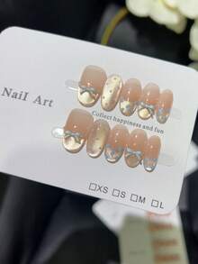 10 片法式粉色猫眼蓝色波尔卡圆点手工假指甲，手工指甲贴片，适合清新可爱的女孩约会，按压指甲，美甲用品，指甲 - 粉色 - 查看 6