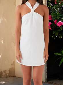 Women Mini Dress Solid Color/Floral Print Halter Neck Backless Dress Summer Fashion Sleeveless Casual Dress - 白色 - 查看 3