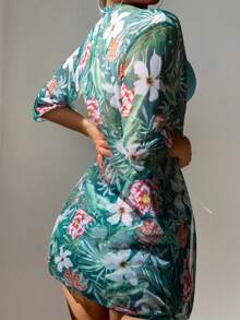 Women's Summer Tropical Plant Print Bikini Swimsuit Set With Matching Square Shorts And Half Sleeve Cover-Up Kimono,Women's Tropical Plant Print Swimwear Set - 藍色 - 查看 2