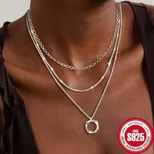 Layered Silver Necklace-925 Sterling Silver With Round Pendant, Perfect Jewelry Gift For Women & Teens - Silver - View 2
