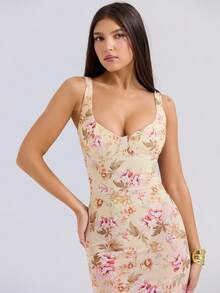 A Summer Bandage Dress,Sexy Low-Cut U-Neck, Floral Print,Fishtail Hem,Romantic Vacation,Party Dress TopS - Apricot - View 6