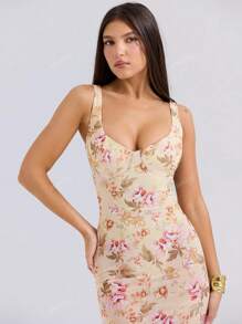A Summer Bandage Dress,Sexy Low-Cut U-Neck, Floral Print,Fishtail Hem,Romantic Vacation,Party Dress TopS